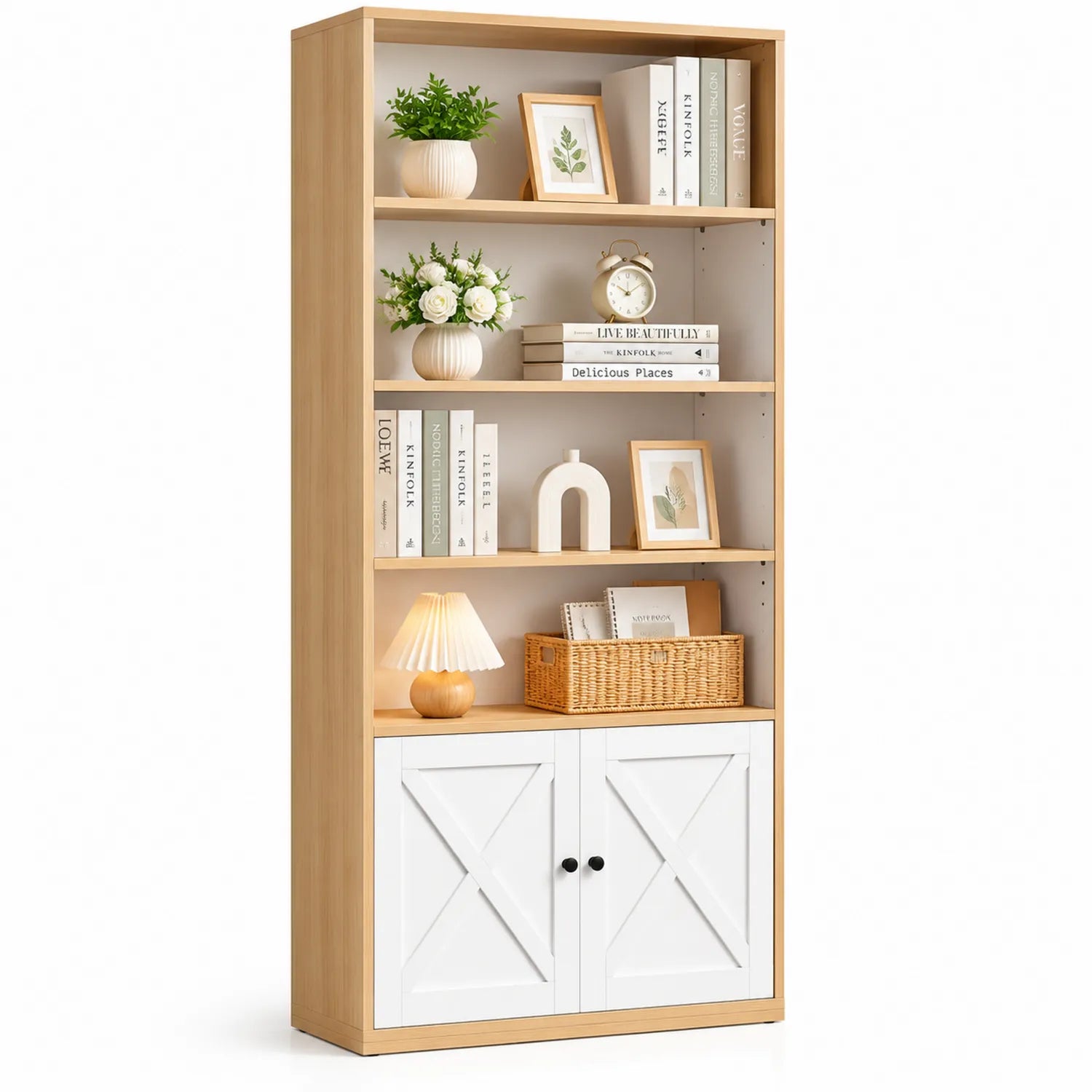 Bibliothèque en bois avec portes croisées blanches 180 cm