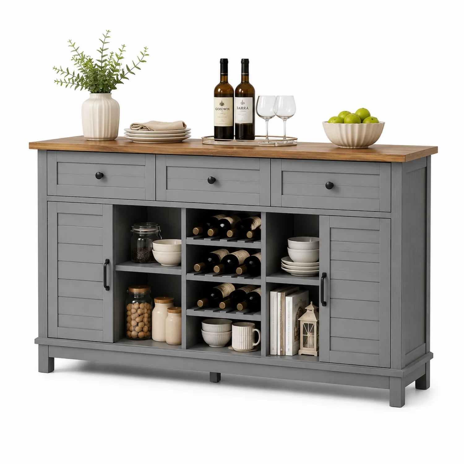 Buffet en Bois Gris avec Plateau en Chêne 140x40x85cm