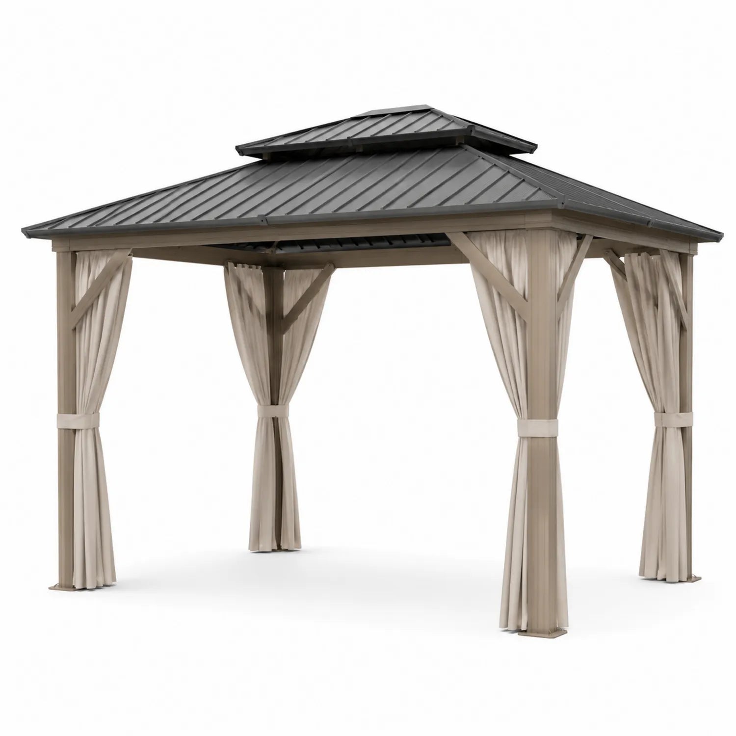 Pavillon de Jardin en Aluminium et Acier avec Rideaux Beige