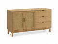Buffet en bois avec portes en rotin et trois tiroirs