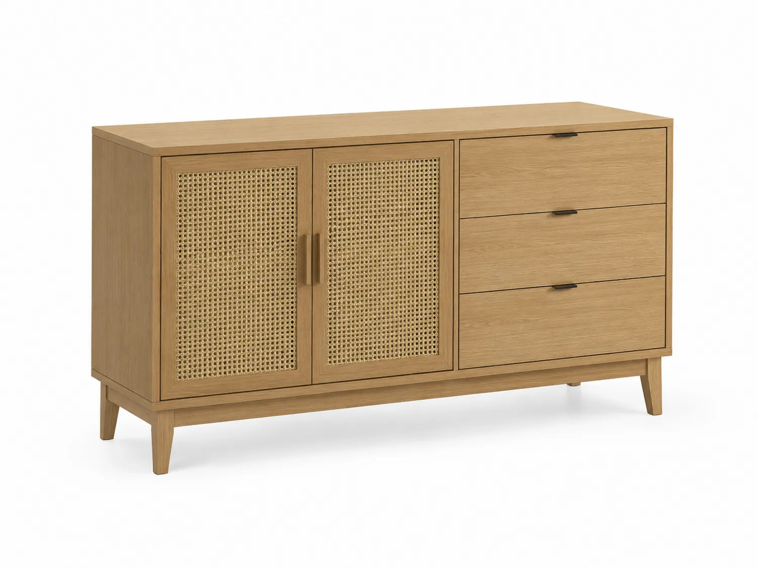 Buffet en bois avec portes en rotin et trois tiroirs