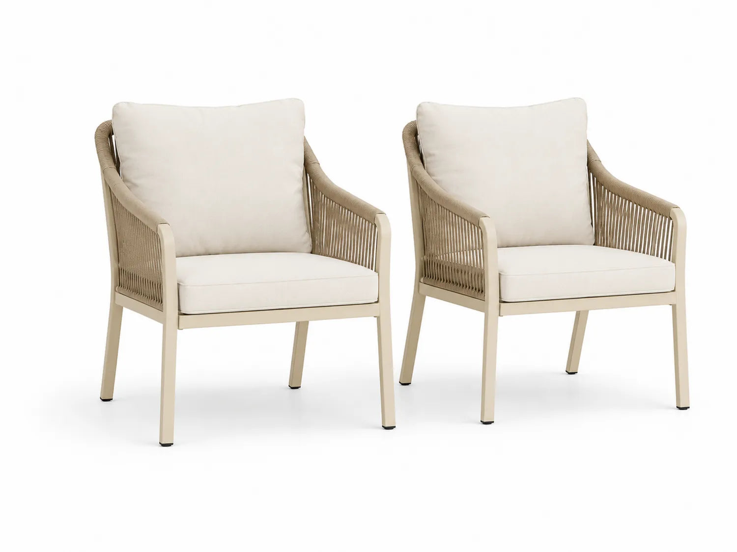 Lot de 2 fauteuils d'extérieur en aluminium et corde avec coussins crèmes