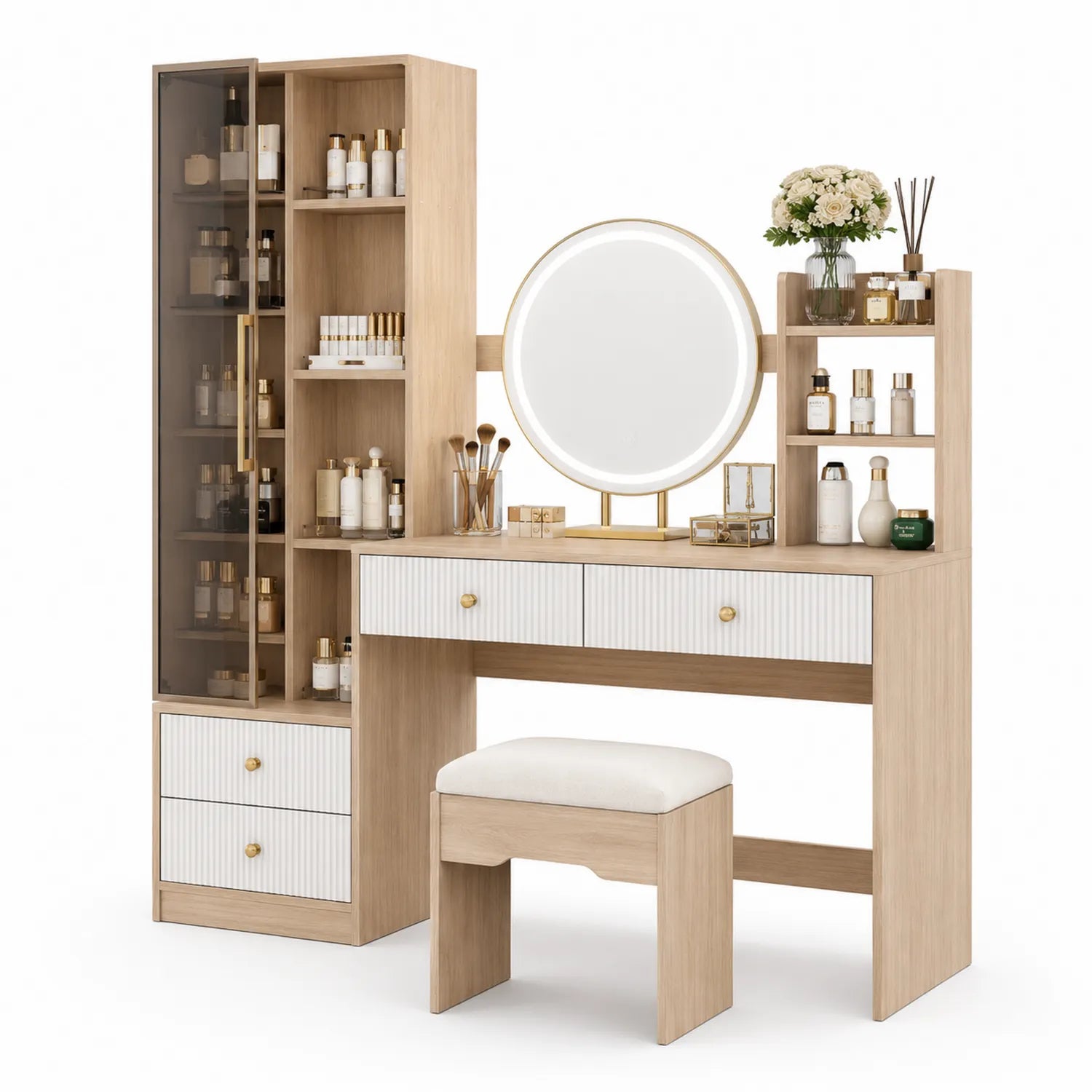 Coiffeuse en bois avec miroir LED rond et rangement intégré
