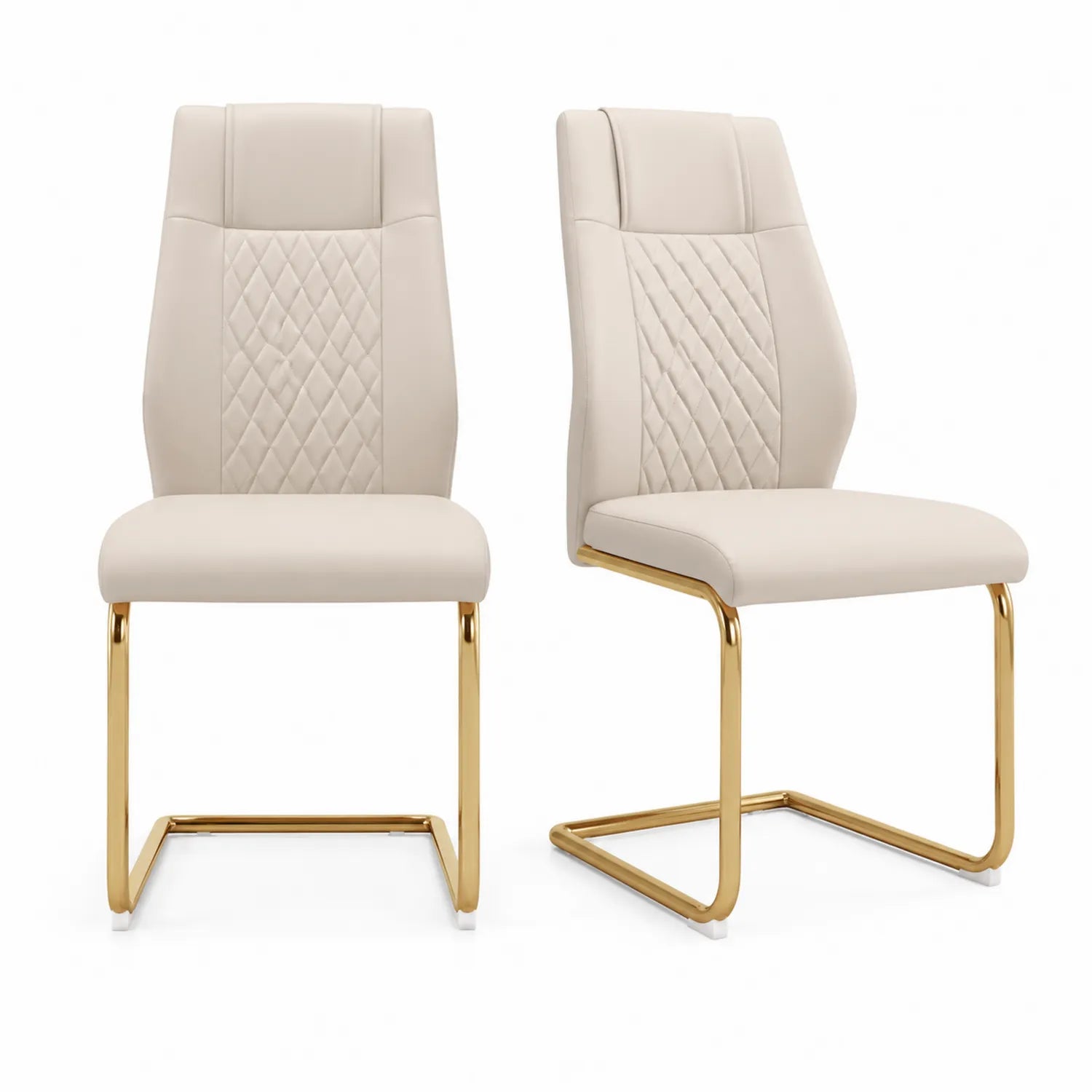 Chaises de salle à manger en cuir synthétique beige avec cadre en métal doré, lot de 2