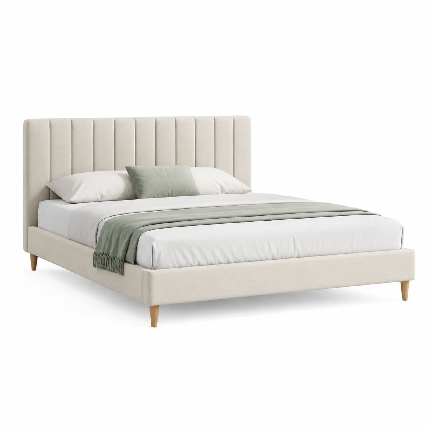 Lit double en tissu avec tête de lit rembourrée et pieds en bois 160x200 cm