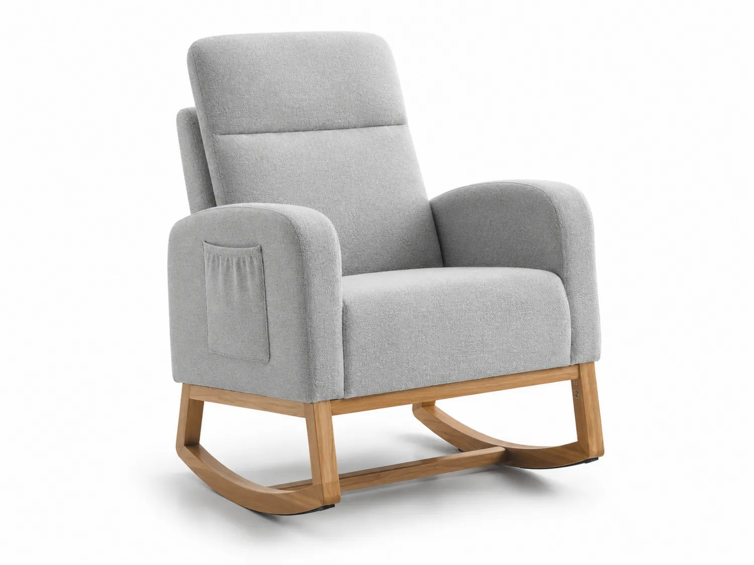 Fauteuil à bascule en tissu gris avec structure en bois