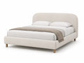 Lit double en tissu beige avec pieds en bois