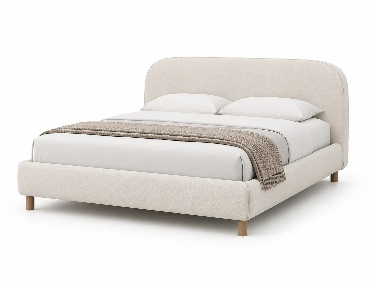 Lit double en tissu beige avec pieds en bois