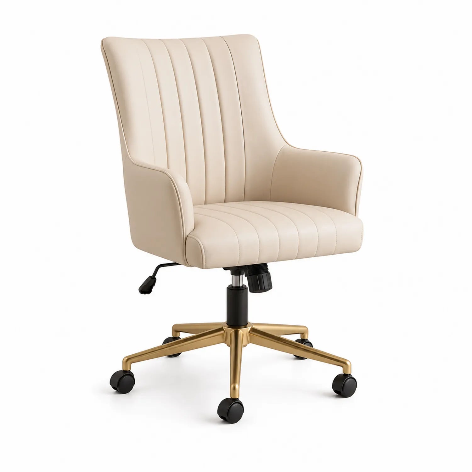 Chaise de bureau en cuir synthétique crème avec base en acier doré