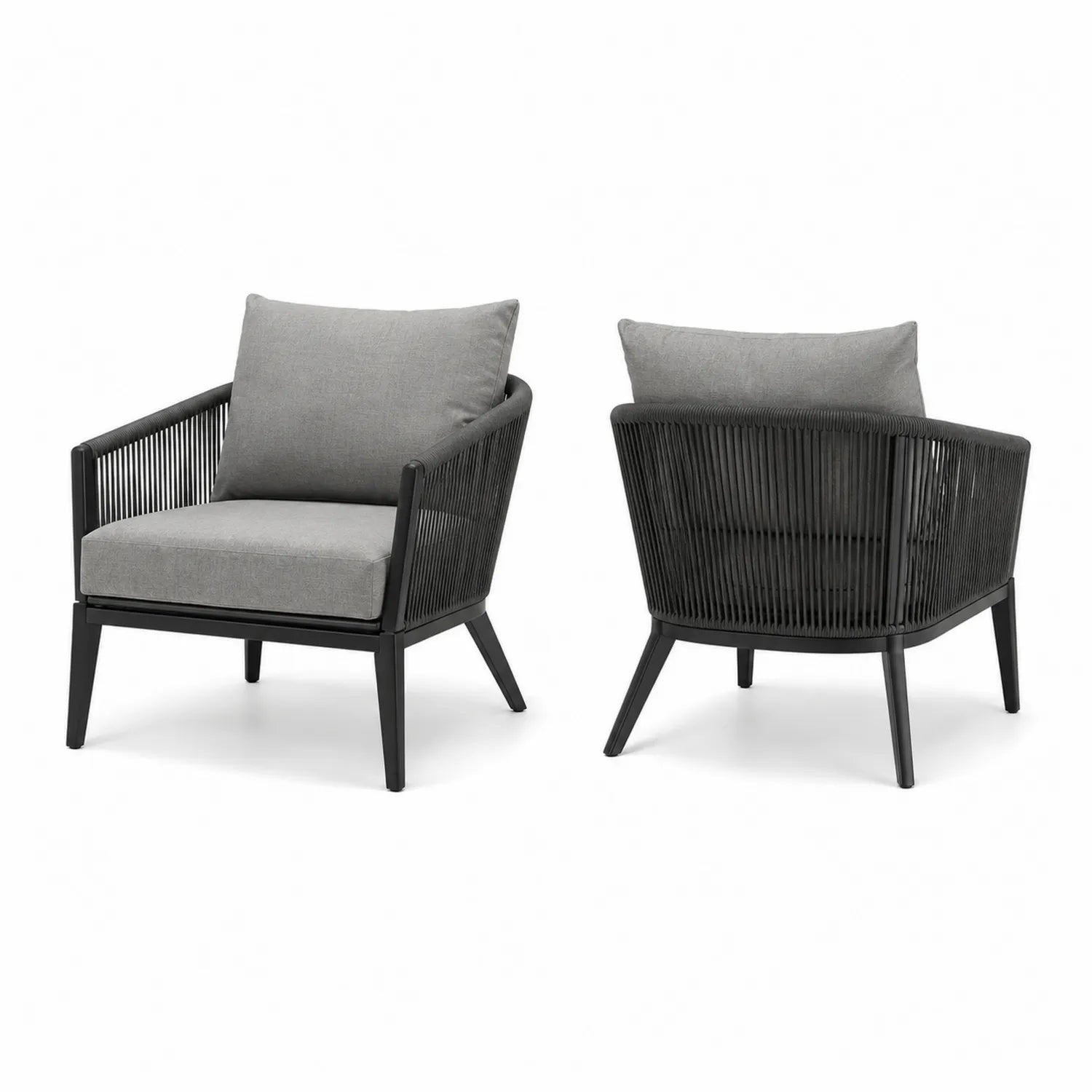 Ensemble de 2 fauteuils en aluminium corde noire avec coussins gris