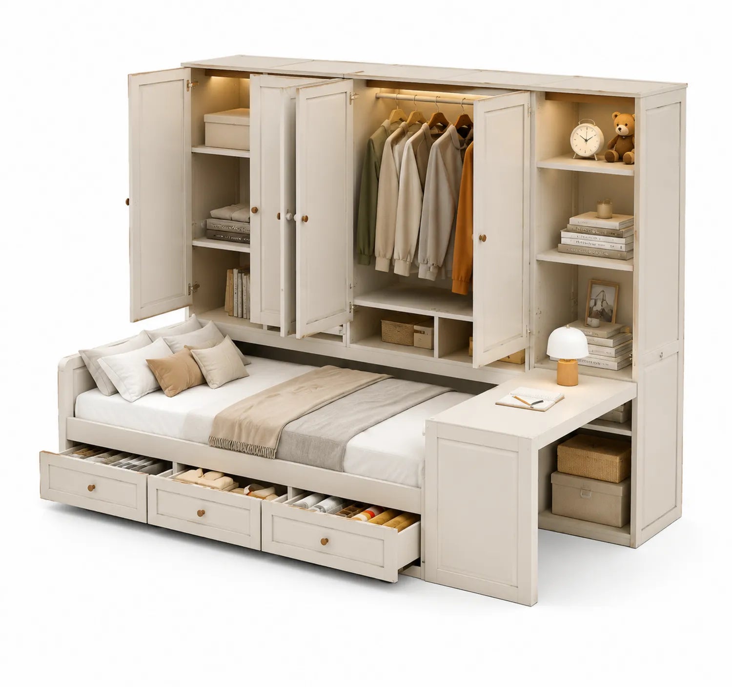 Lit en bois beige avec rangement et bureau intégré