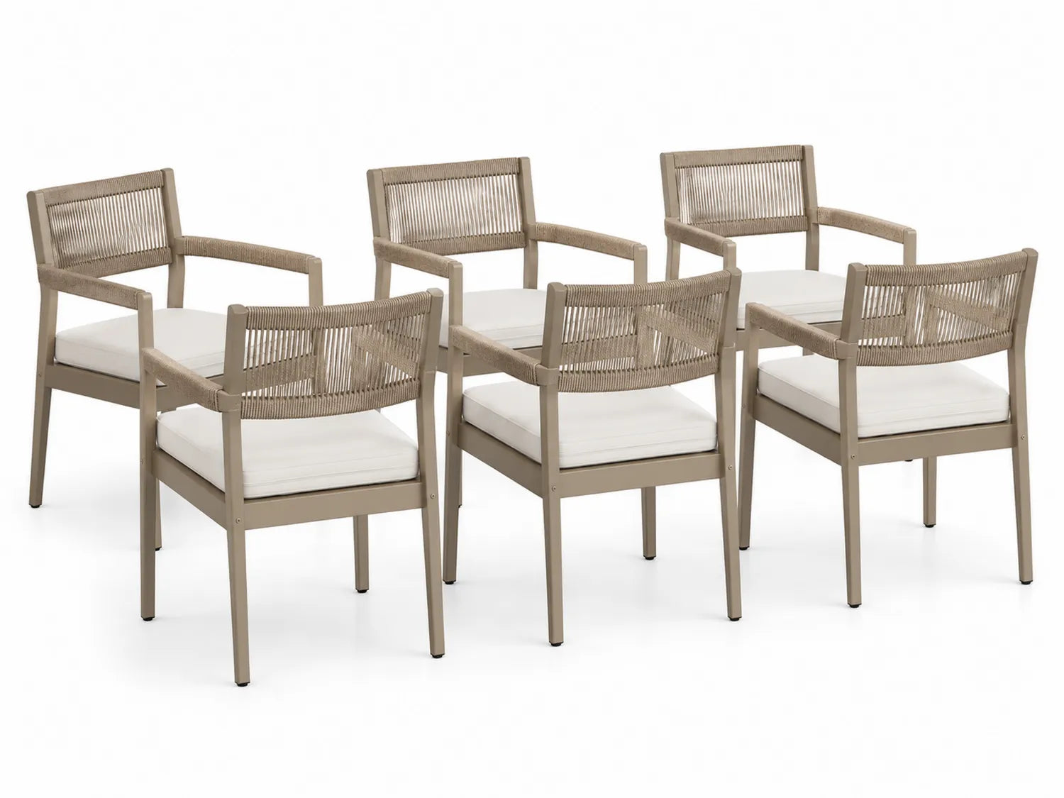 Lot de 6 chaises d'extérieur en aluminium avec assise en corde et coussin blanc