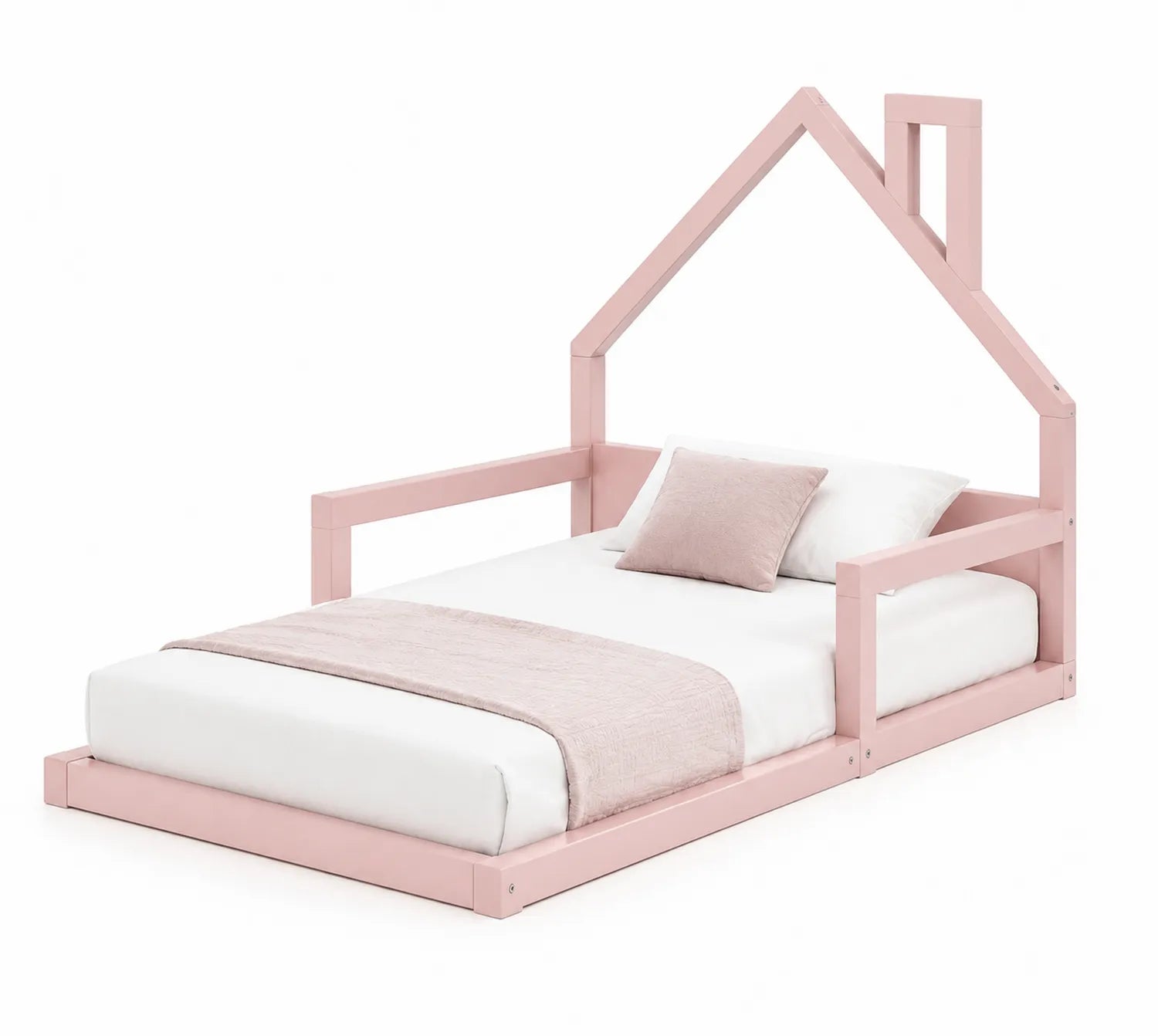 Lit cabane en bois de pin couleur Rose avec matelas et oreiller