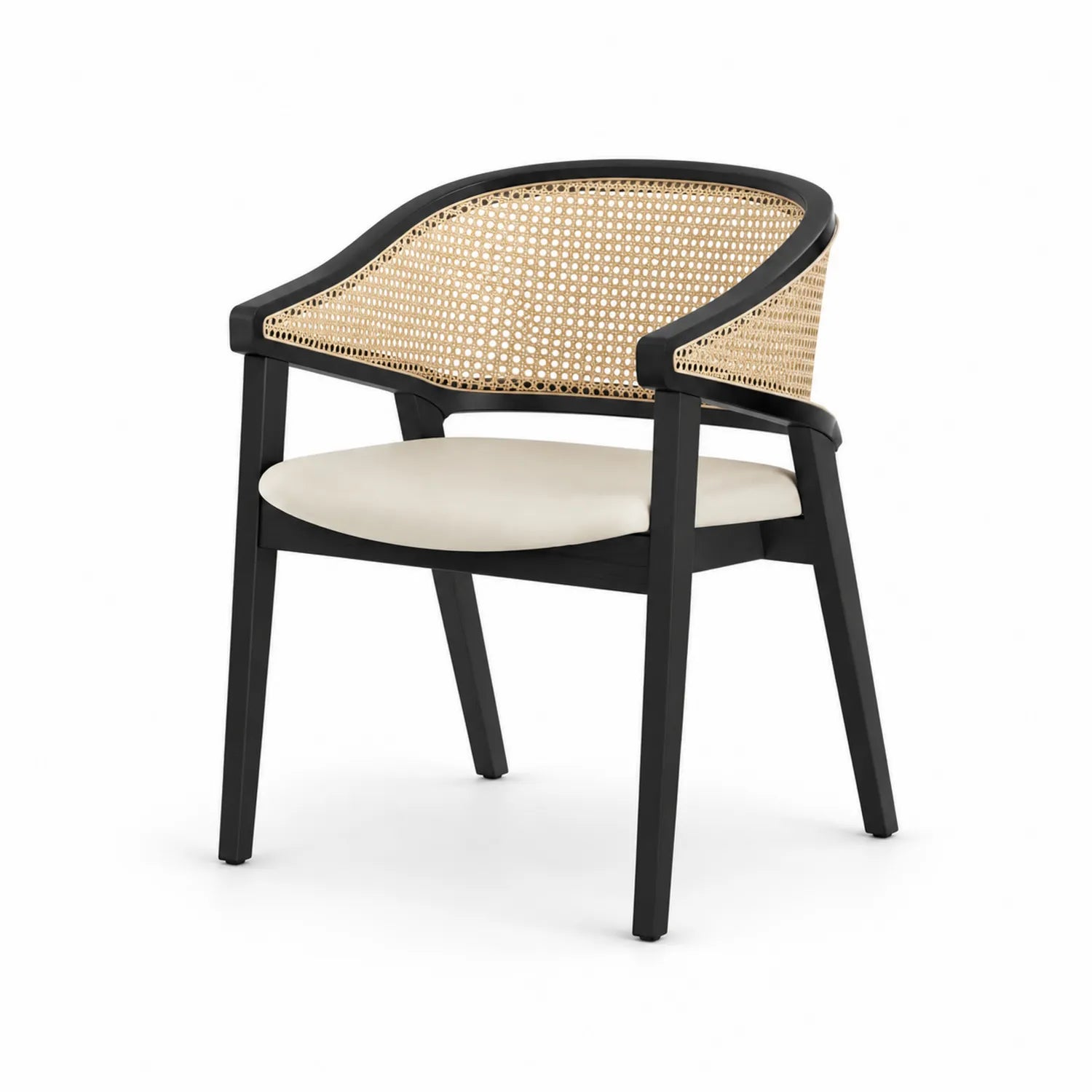 Chaise en bois noir avec dossier en rotin et siège beige