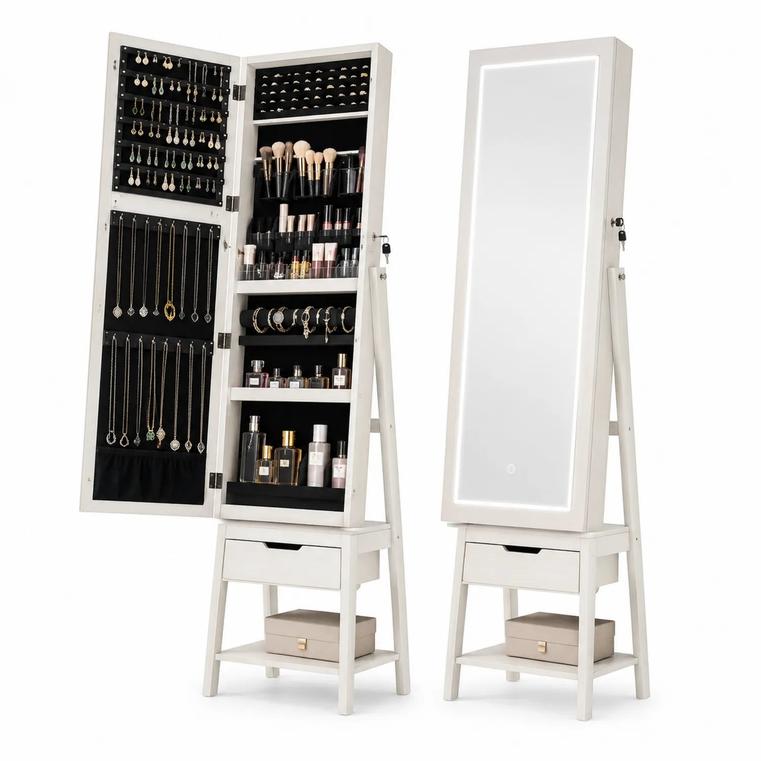 Armoire à bijoux pivotante avec miroir LED blanc