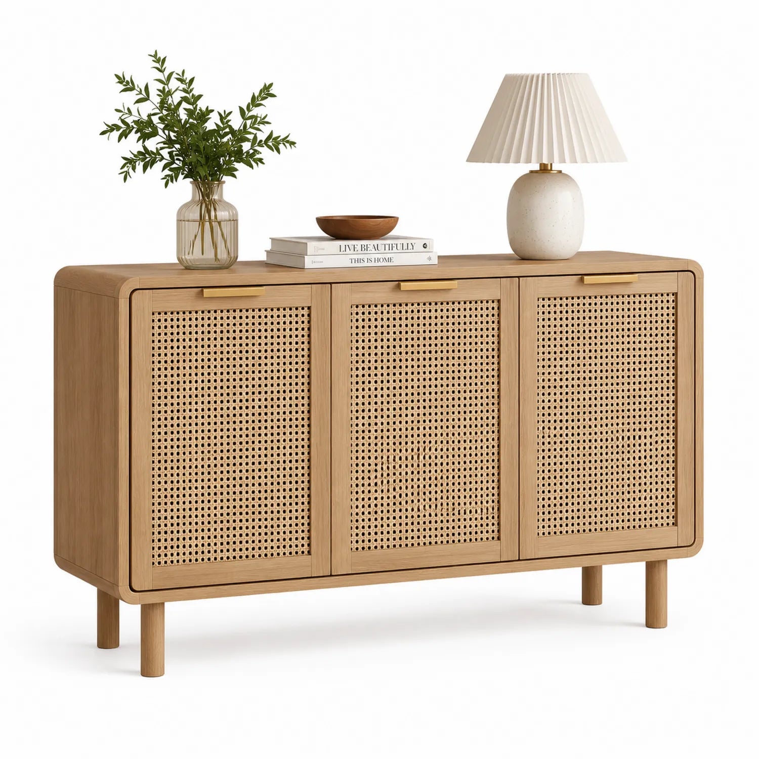 Buffet en bois clair avec portes en rotin