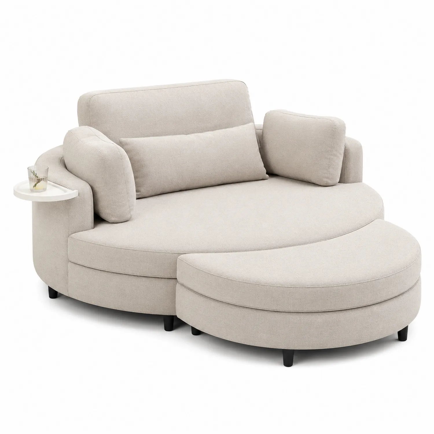 Canapé rond en bois et polyester Beige avec table d'appoint intégrée