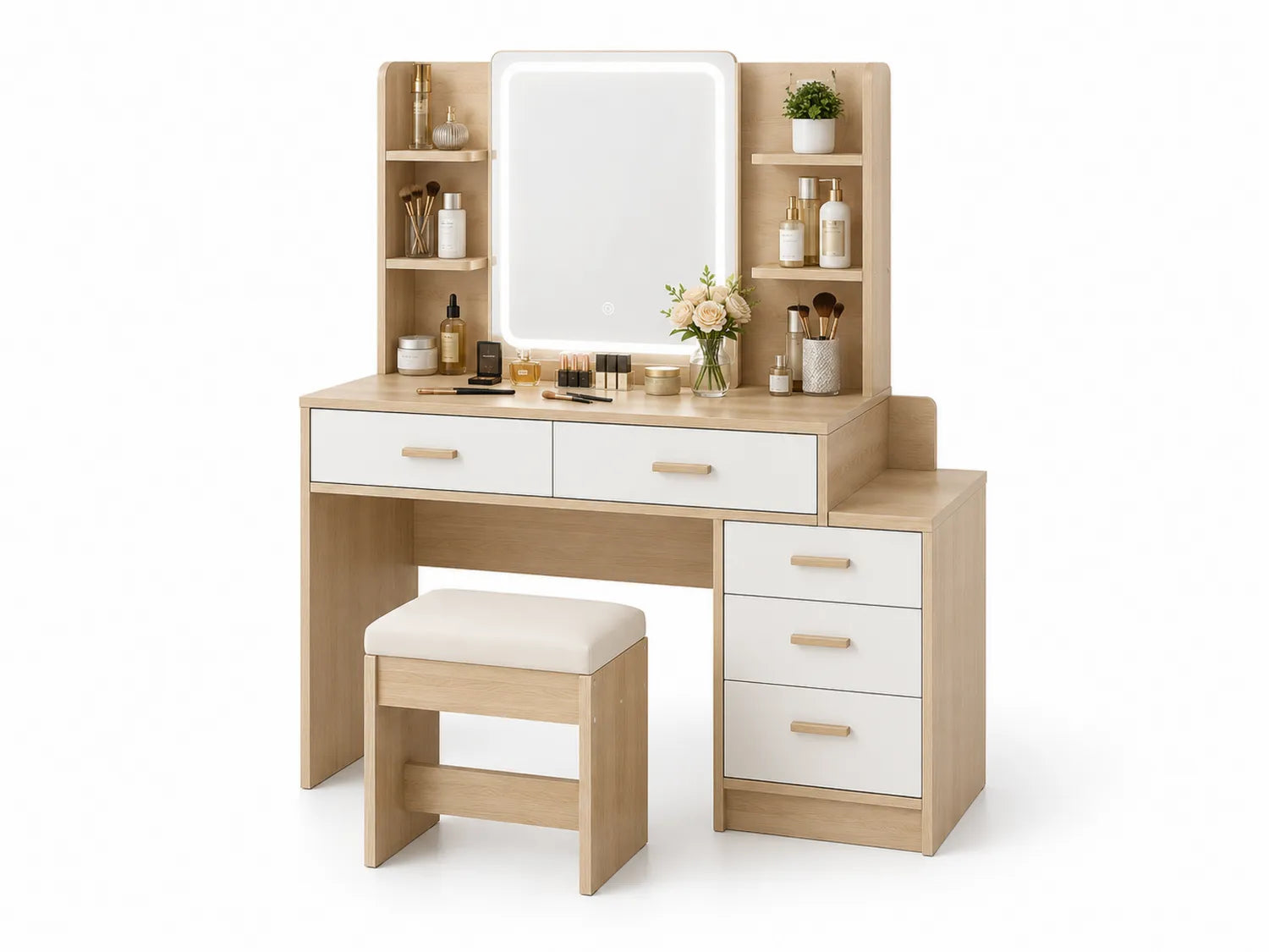 Coiffeuse avec miroir LED et tabouret en bois clair et MDF blanc