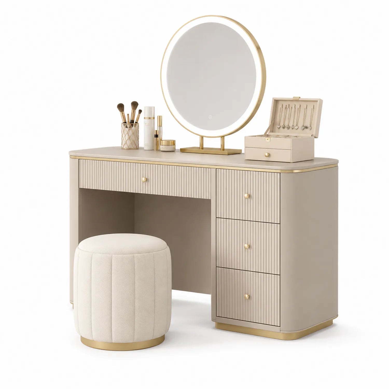 Coiffeuse avec Miroir Rond LED et Pouf Beige en Bois et Métal