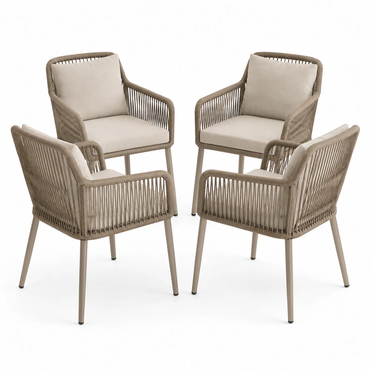 Lot de 4 chaises d'extérieur en métal et corde avec coussins beige