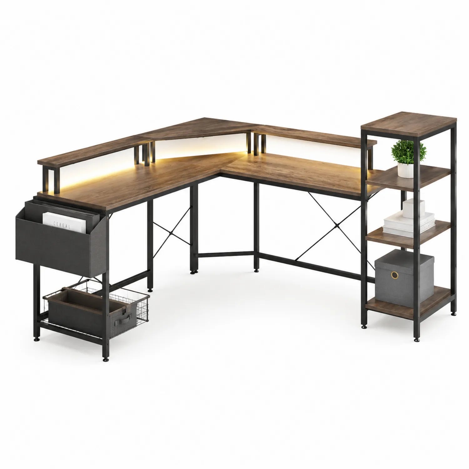 Bureau d'angle en bois et métal avec étagères et LED