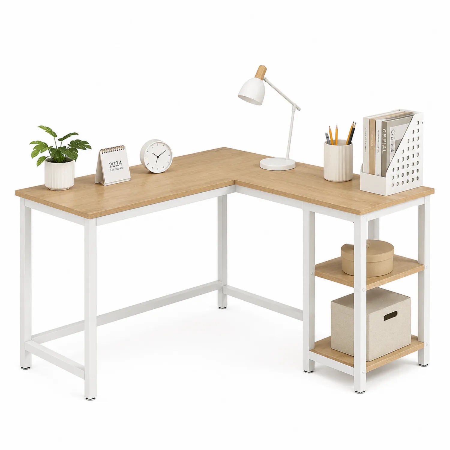 Bureau d'angle en bois et métal avec étagères Chêne/Blanc
