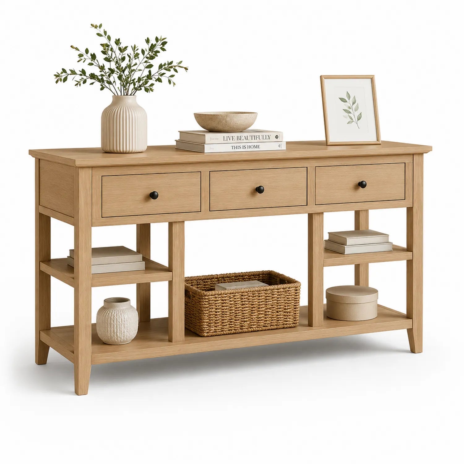 Console en bois avec tiroirs et étagères