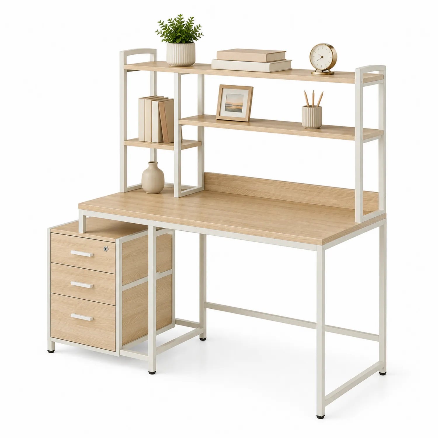 Bureau en bois avec étagères et tiroirs en métal