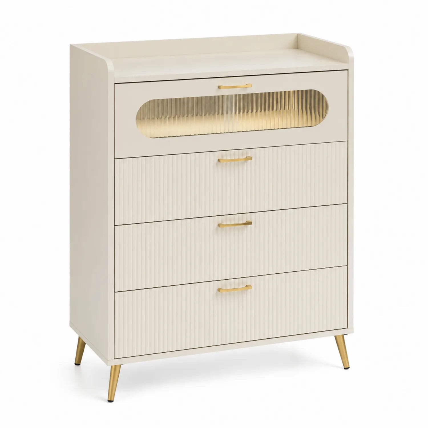 Commode en Bois MDF avec Tiroirs en Verre Cannelé et Pieds Métalliques Dorés