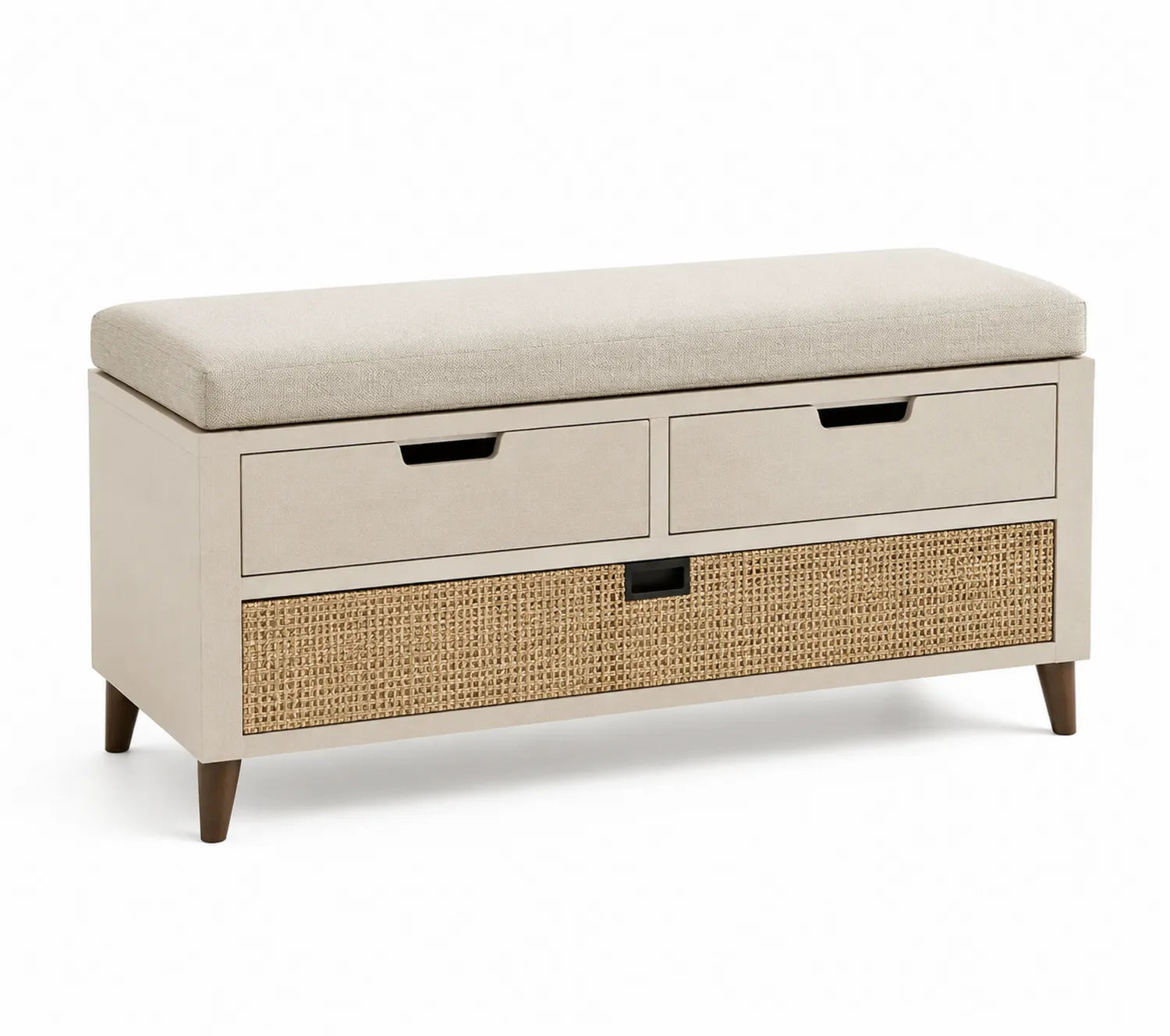 Banc de rangement en MDF et rotin avec siège en tissu beige