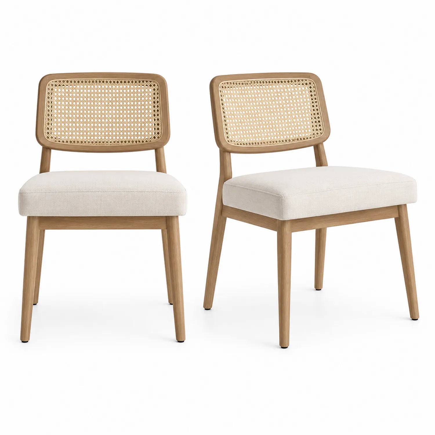 Lot de 2 chaises en bois et rotin avec assise en tissu beige