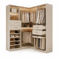 Armoire d'angle en bois MDF avec étagères et tiroirs LED Crème 200x200x60 cm