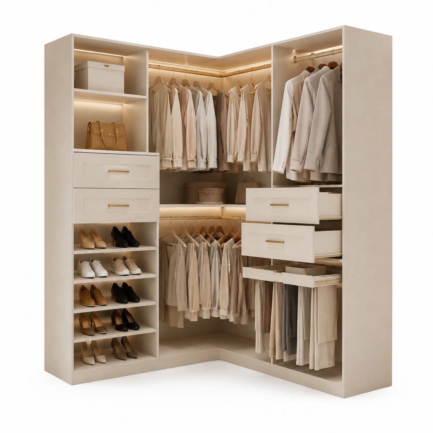 Armoire d'angle en bois MDF avec étagères et tiroirs LED Crème 200x200x60 cm