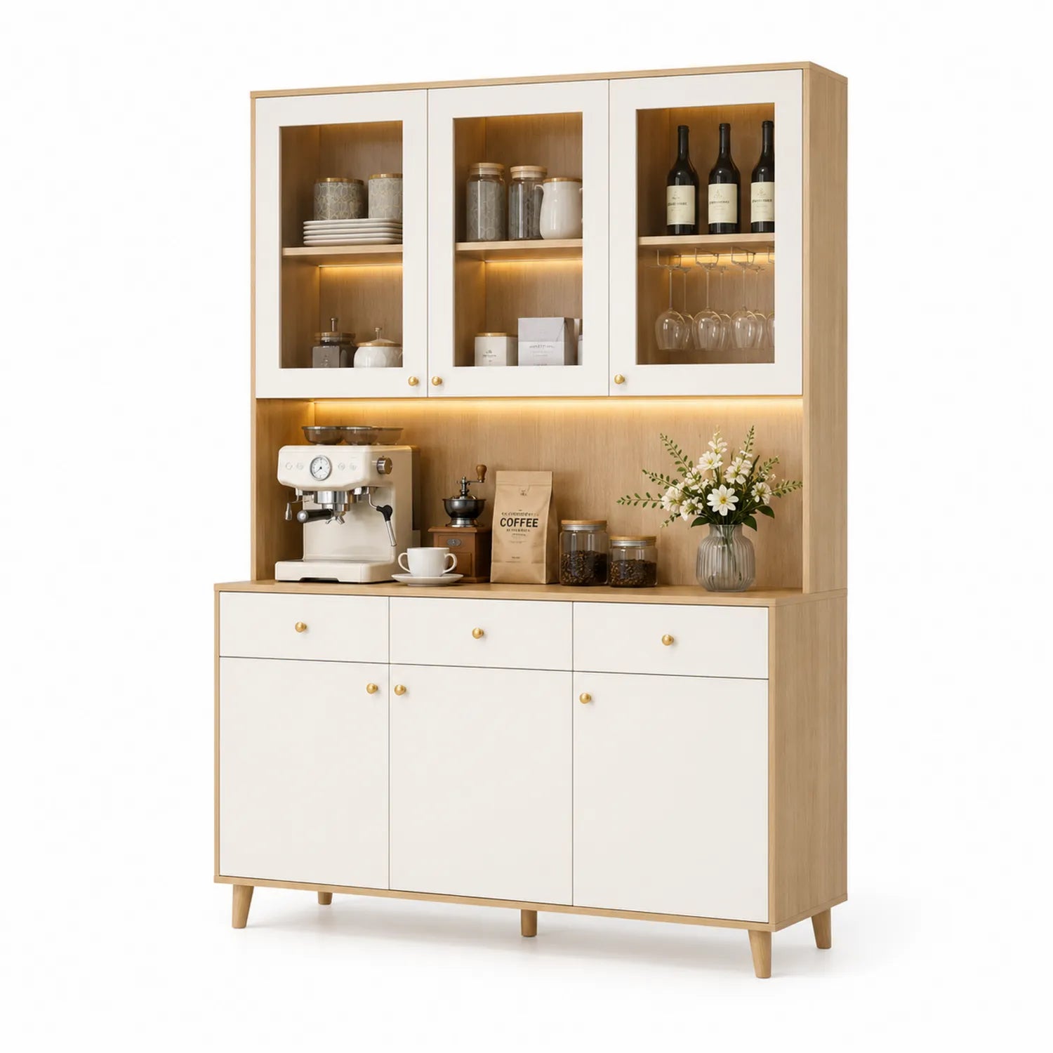 Buffet de cuisine en MDF avec portes vitrées et LED 180x40x200cm