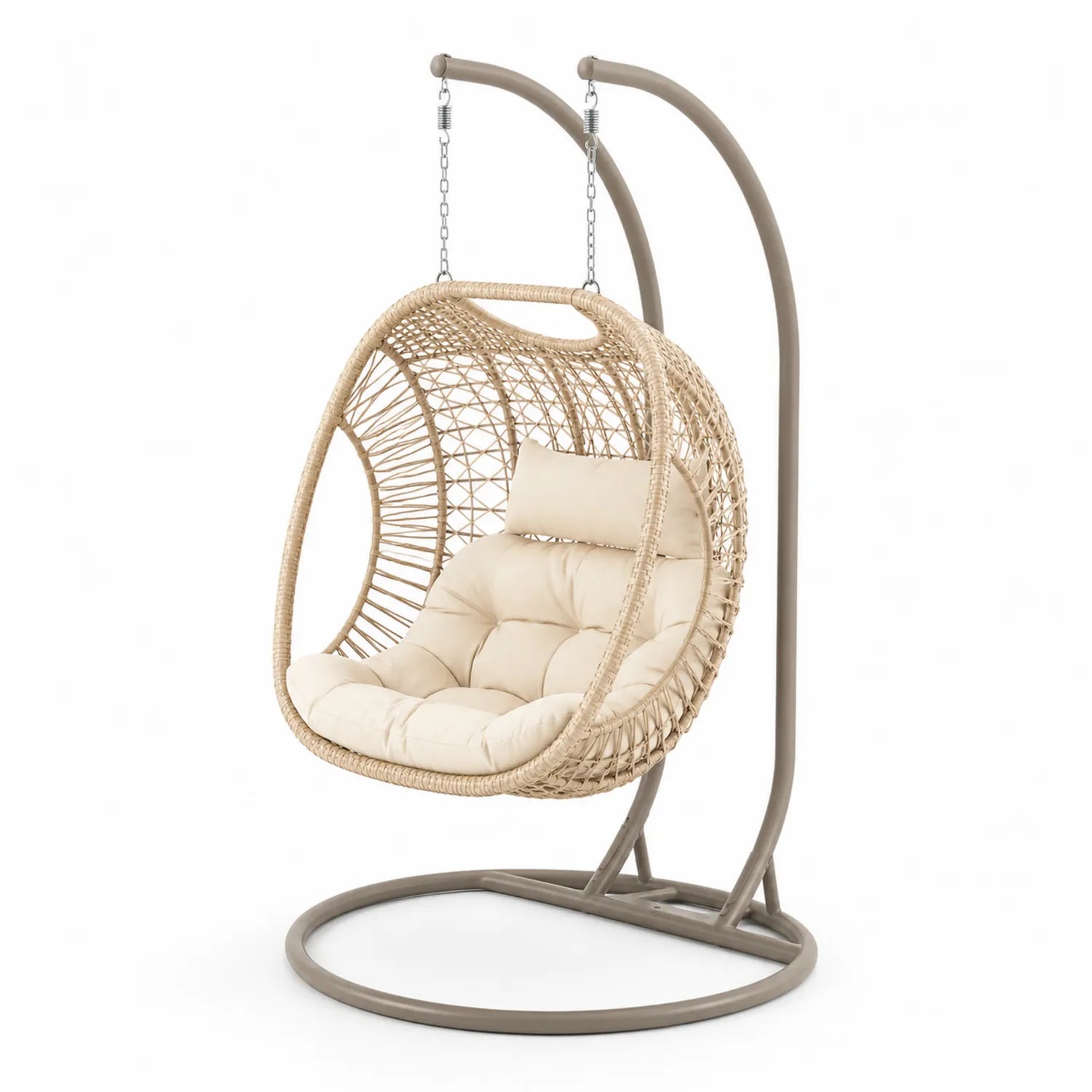 Fauteuil suspendu en rotin avec coussins beige et support métallique