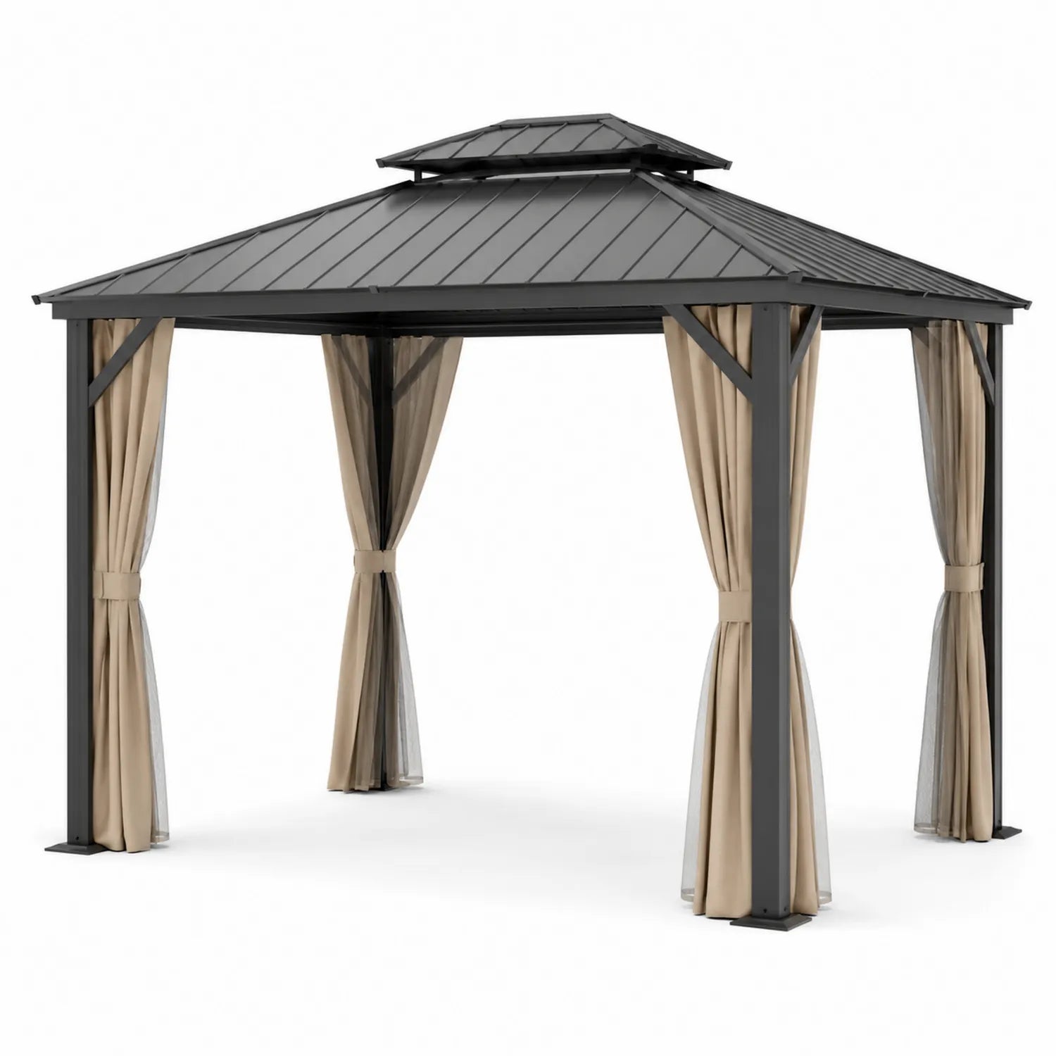 Pavillon en aluminium avec toit en acier et rideaux en polyester Gris et Beige 300x300x270 cm