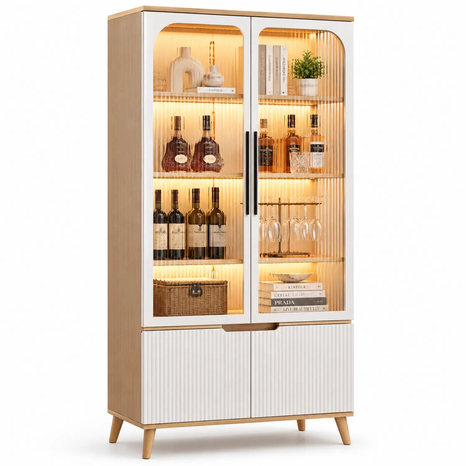 Armoire en Bois et Verre Trempé avec Étagères LED 190x90x40cm