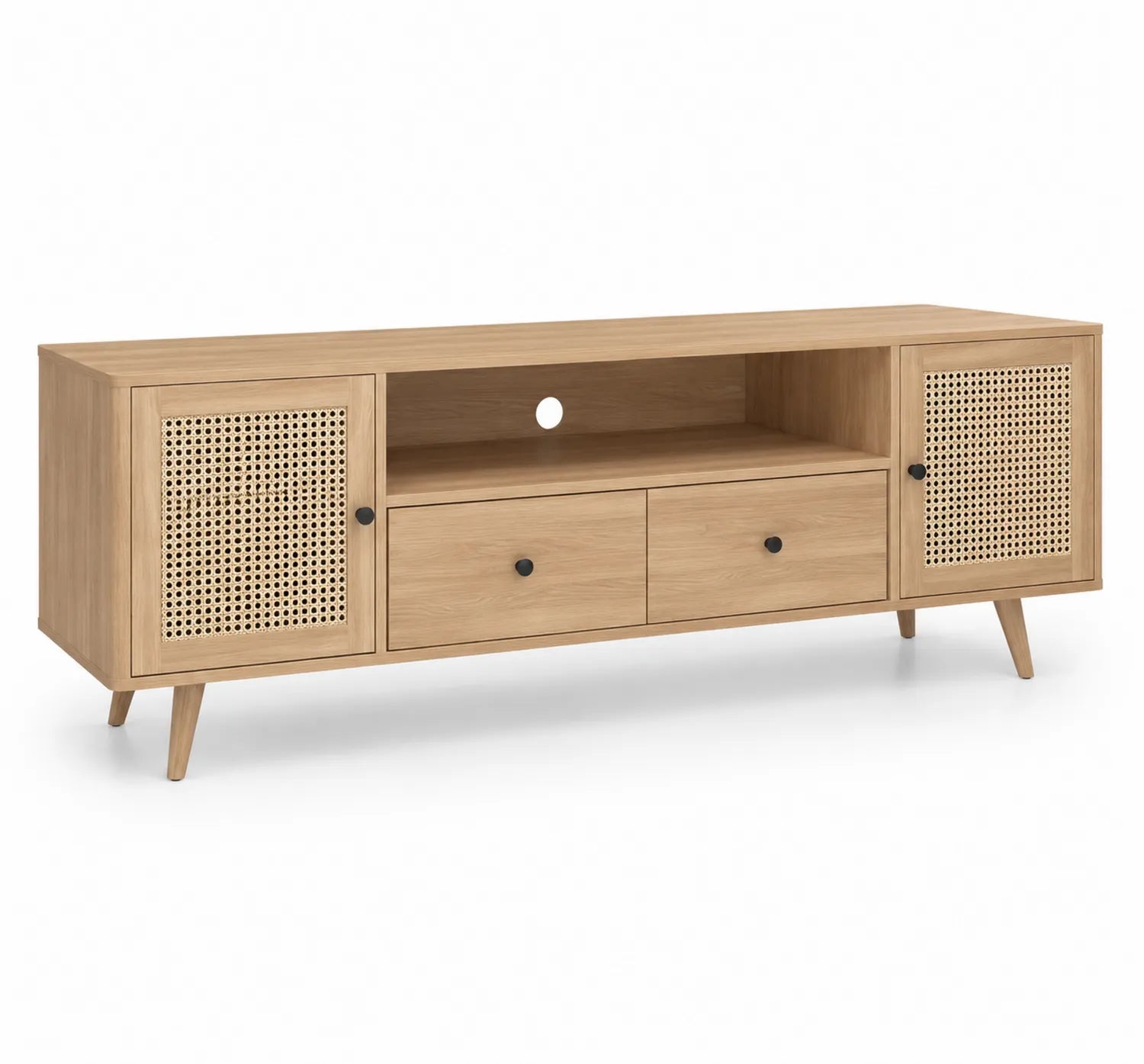 Meuble TV en bois de chêne avec portes cannées et tiroirs