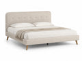 Lit double en tissu polyester beige avec pieds en bois