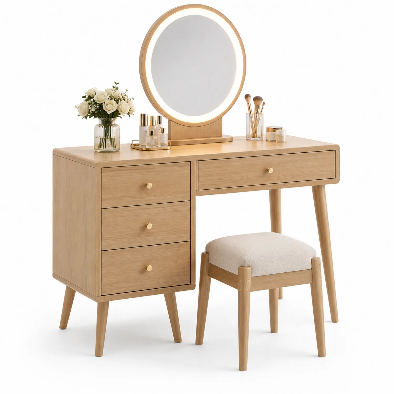 Coiffeuse en bois de chêne avec miroir LED et tabouret en tissu beige