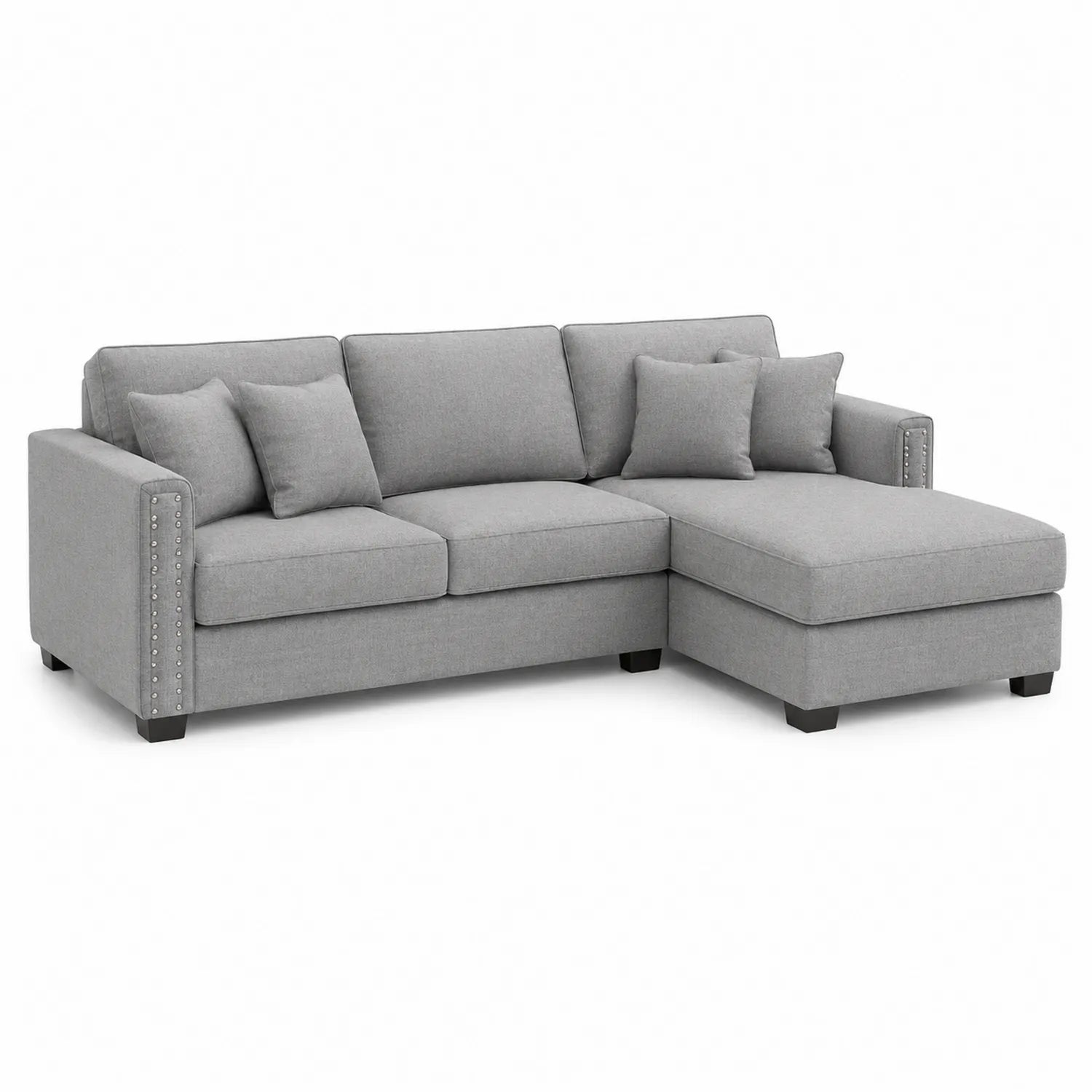 Canapé d'angle en tissu gris avec méridienne et coussins