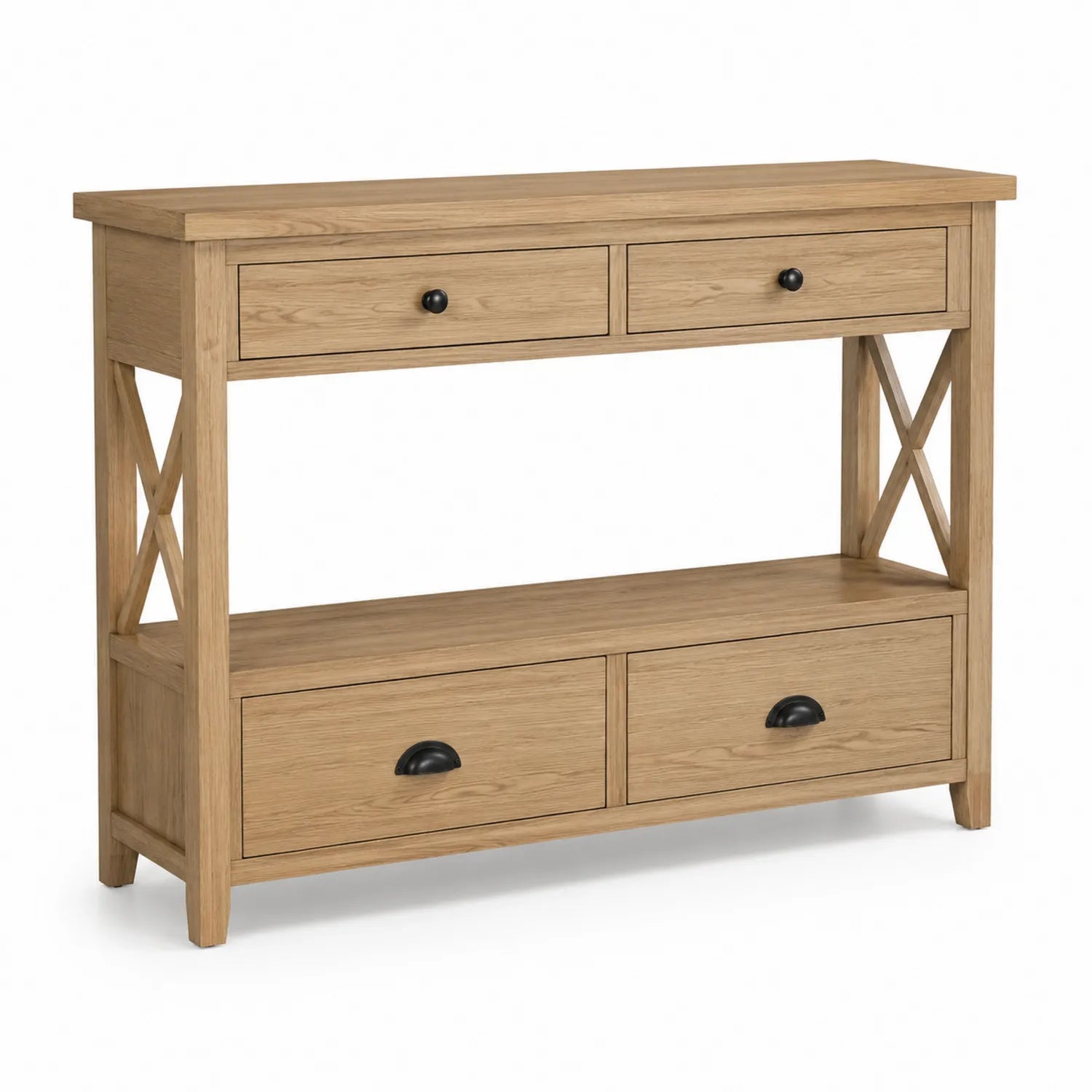 Console en bois avec 4 tiroirs et étagère