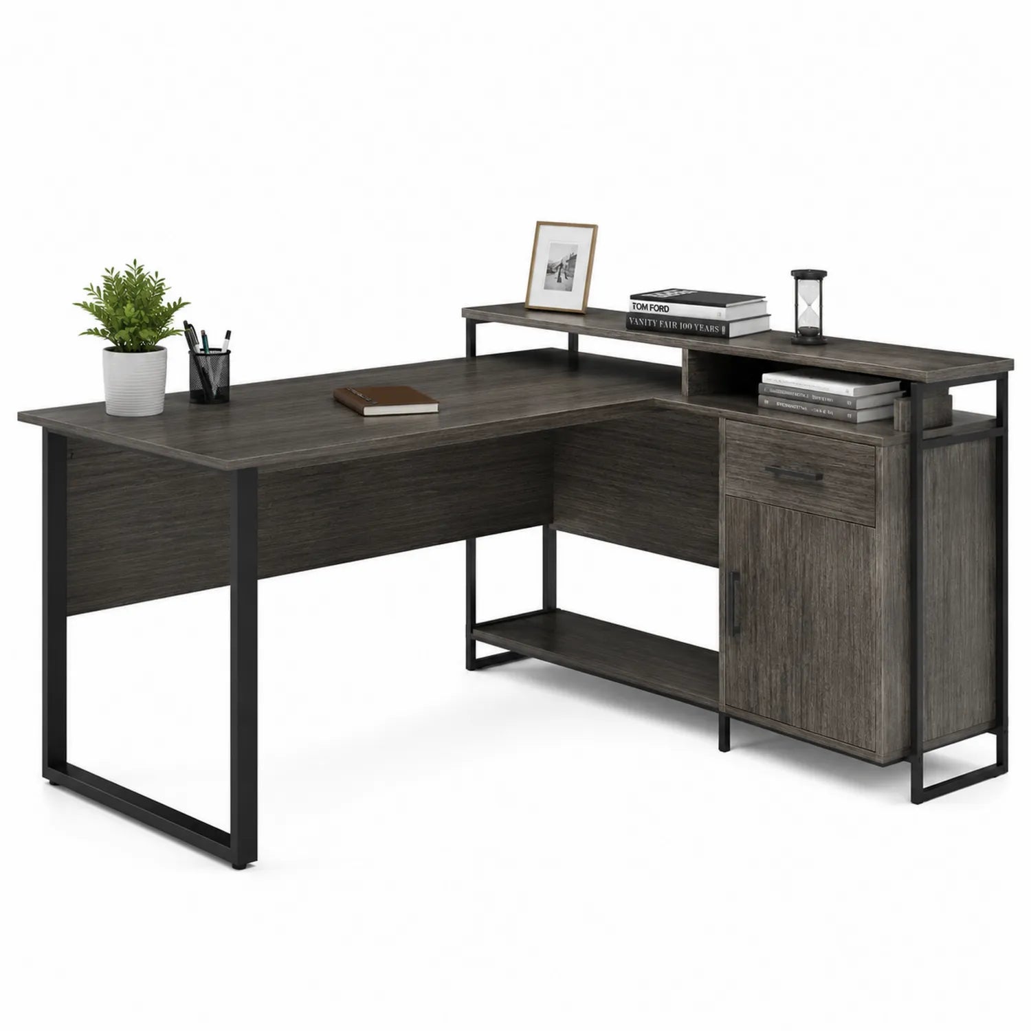 Bureau d'angle en bois avec étagères et tiroir