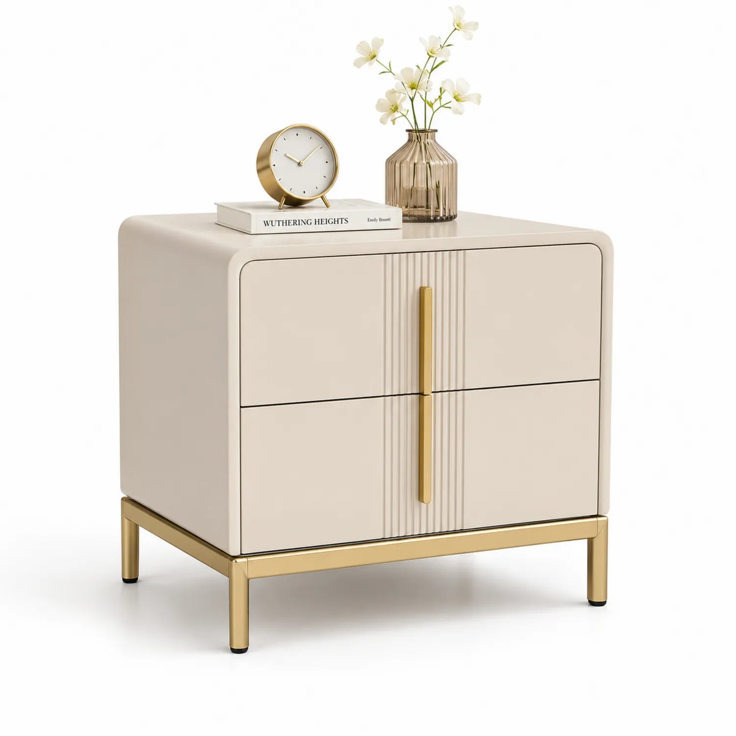 Table de chevet en bois et métal, beige et or, 60x40x55 cm