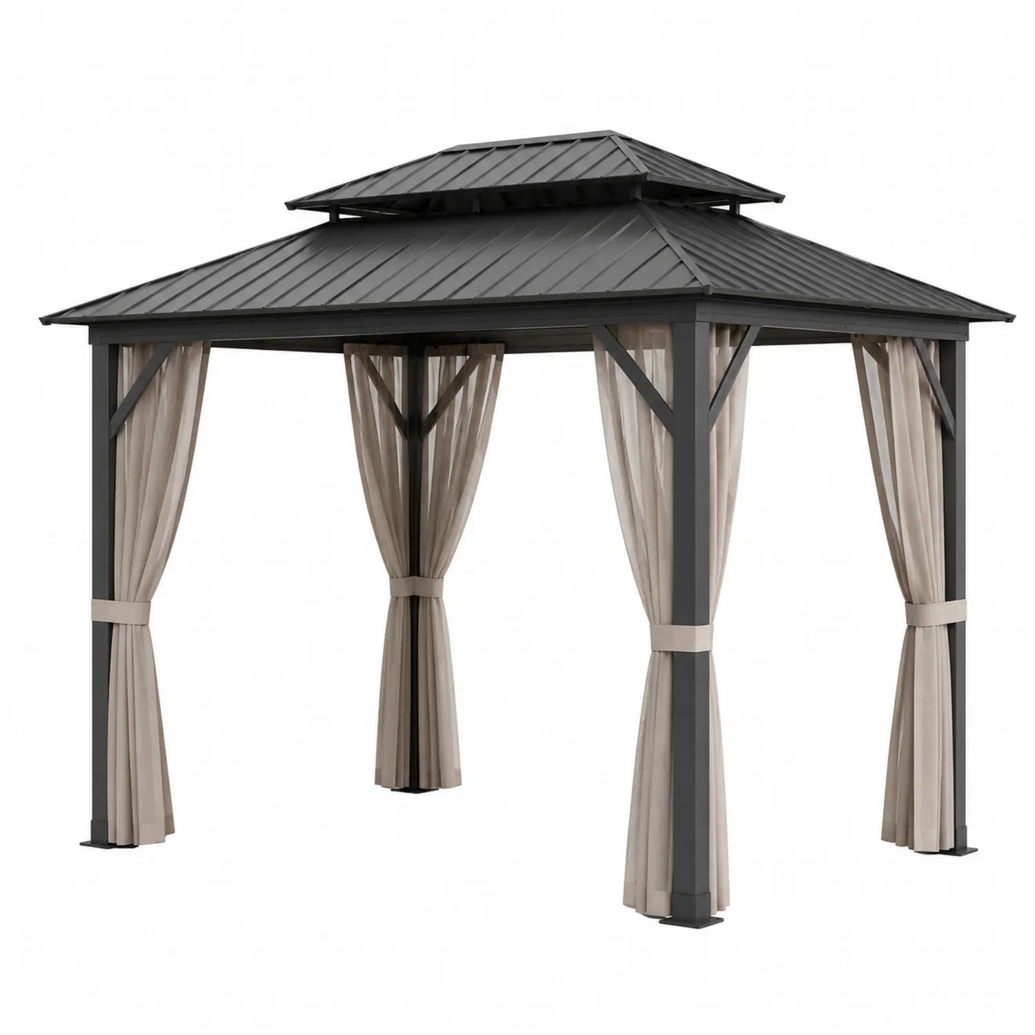 Tonnelle de jardin en aluminium avec toit en acier galvanisé et rideaux