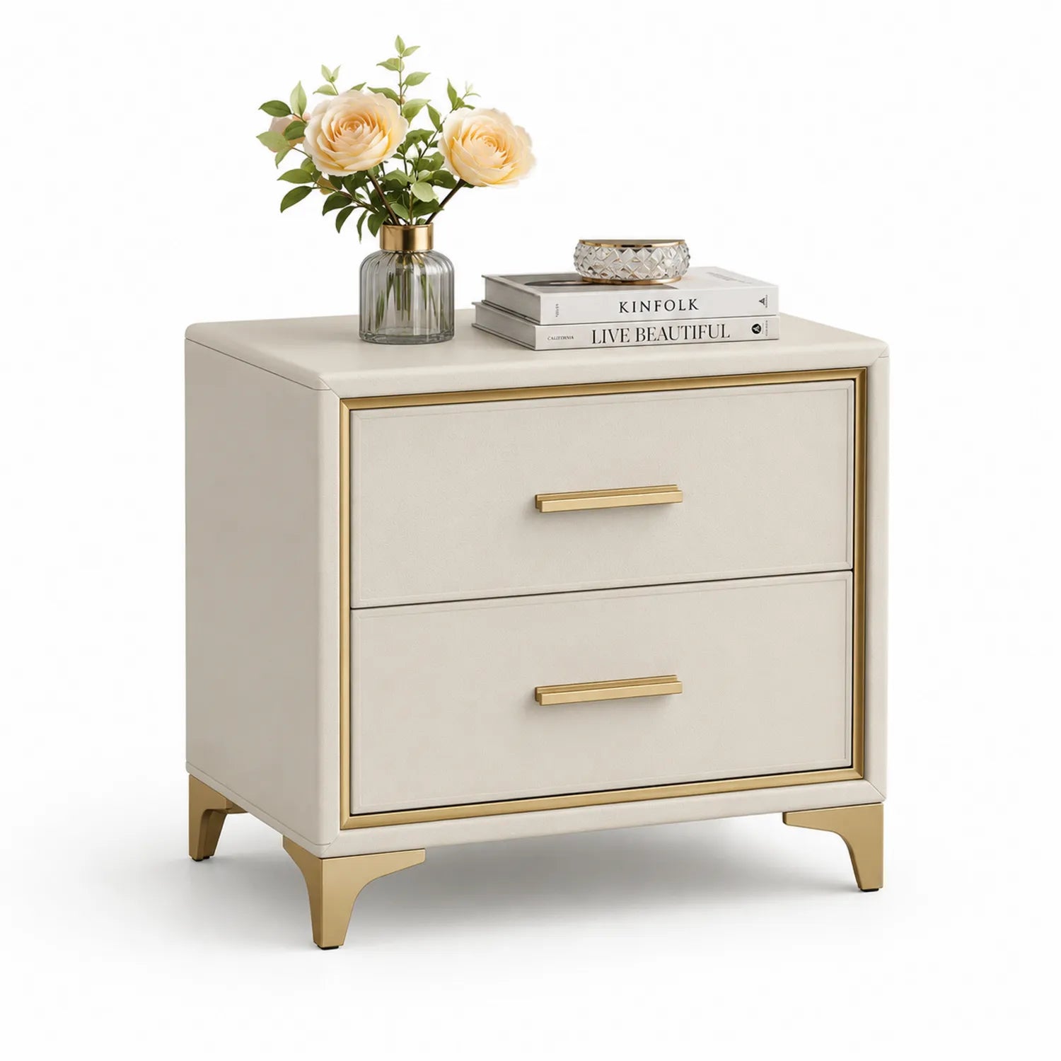 Table de chevet en bois avec deux tiroirs Beige et Doré