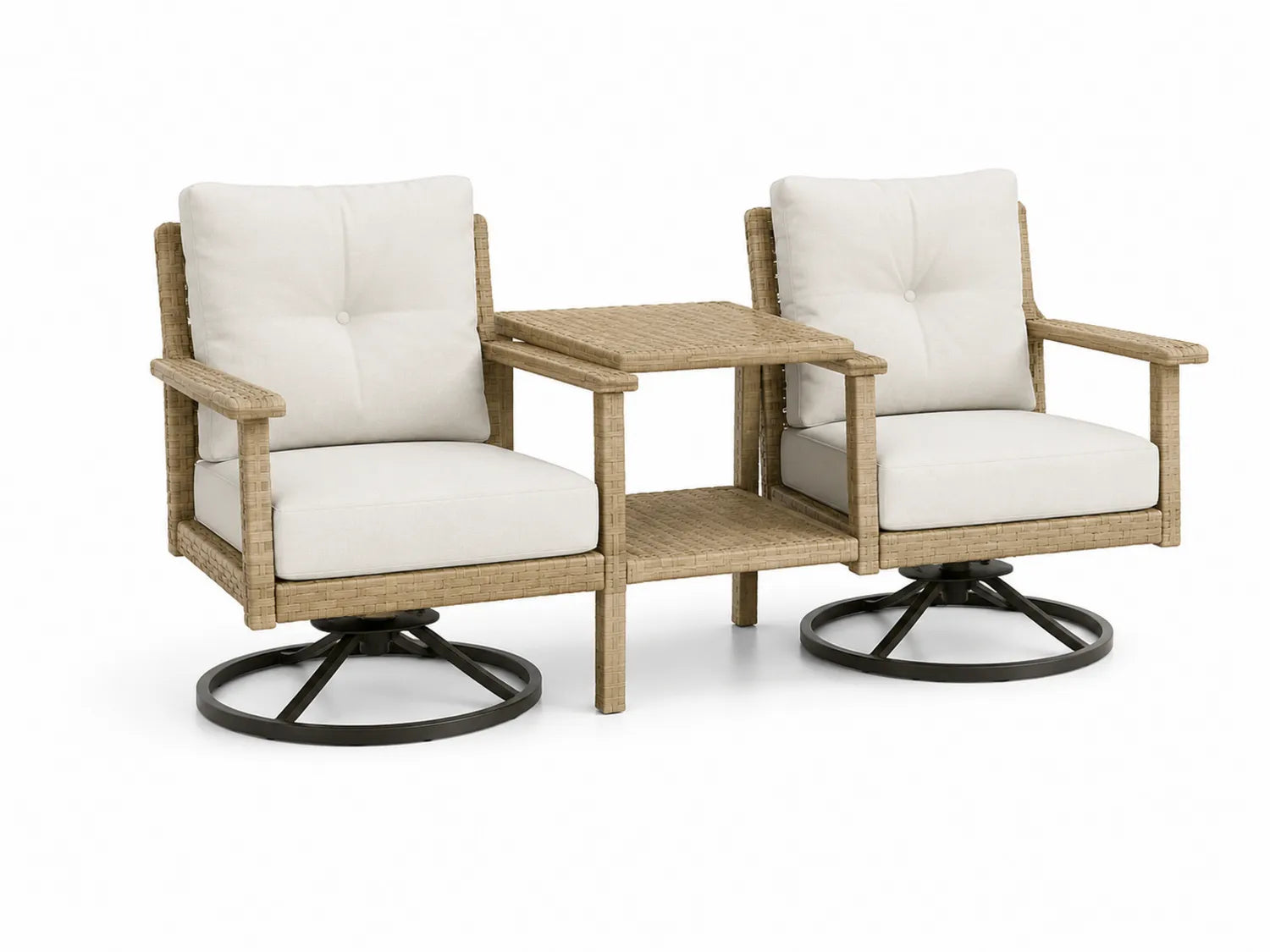 Ensemble de deux fauteuils extérieurs rotatifs en résine tressée avec table intégrée et coussins en polyester Blanc