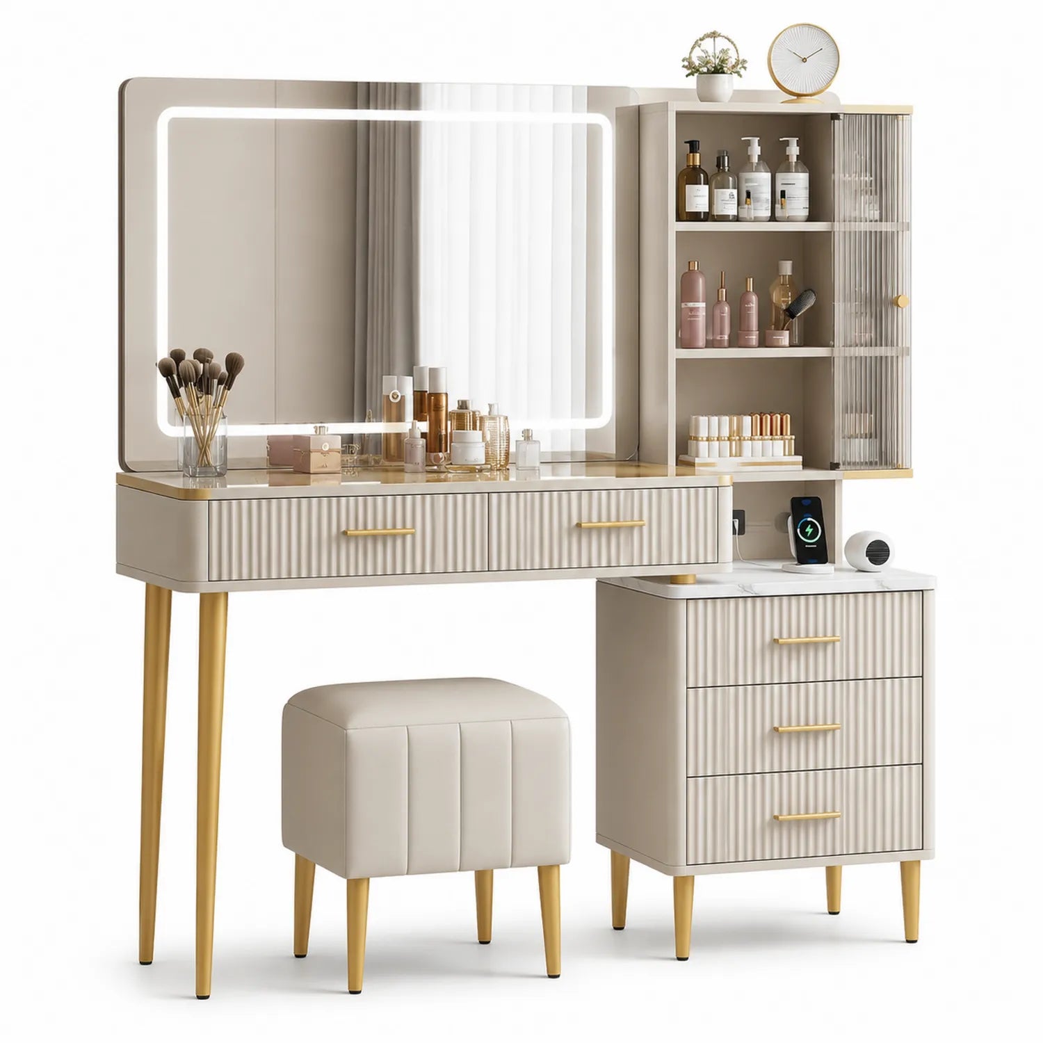 Coiffeuse en Bois avec Miroir LED et Tabouret Beige