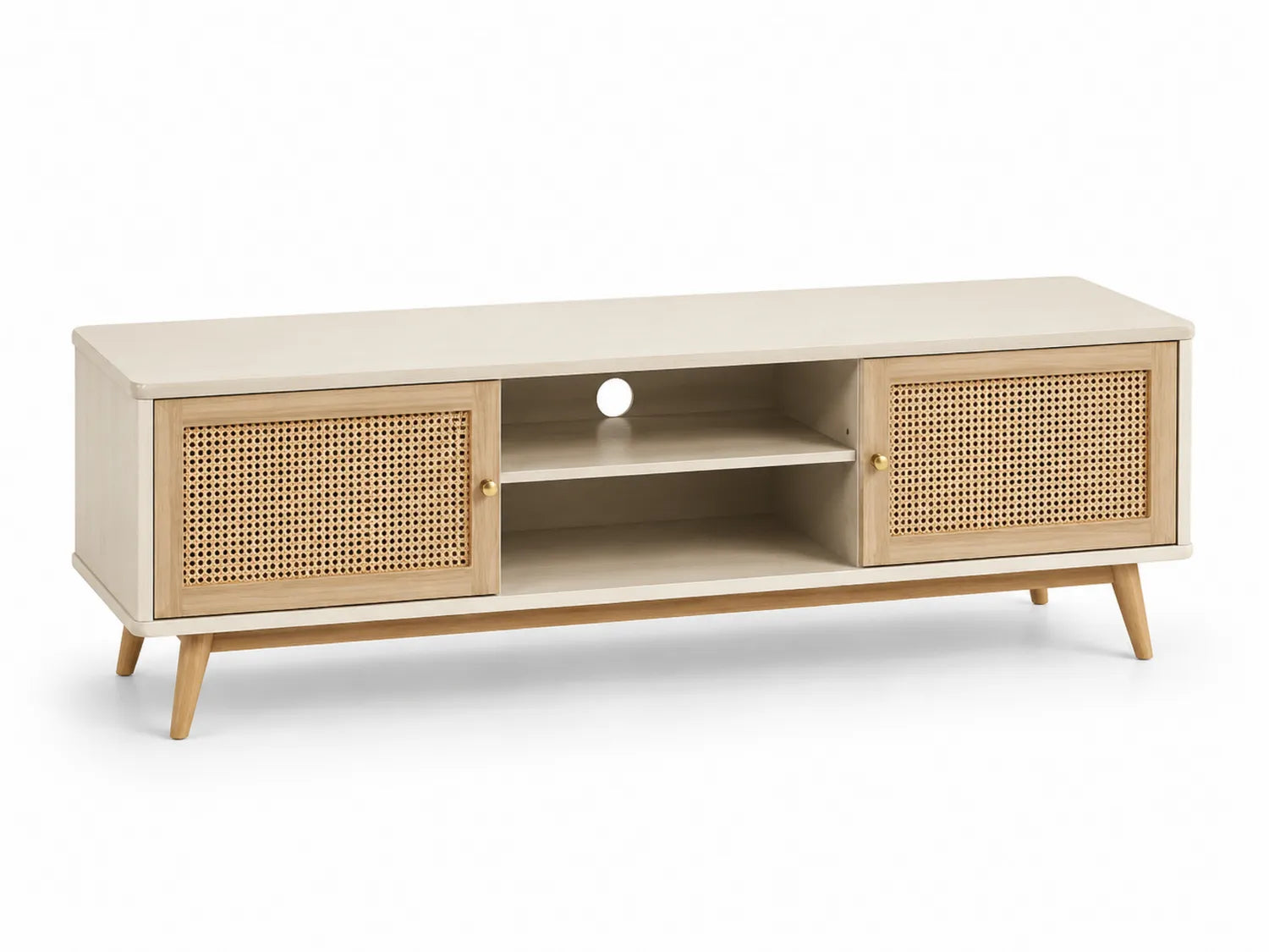 Meuble TV en bois et rotin beige 150x40x50 cm