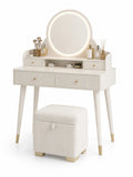 Coiffeuse en bois avec miroir éclairé et tabouret en tissu côtelé